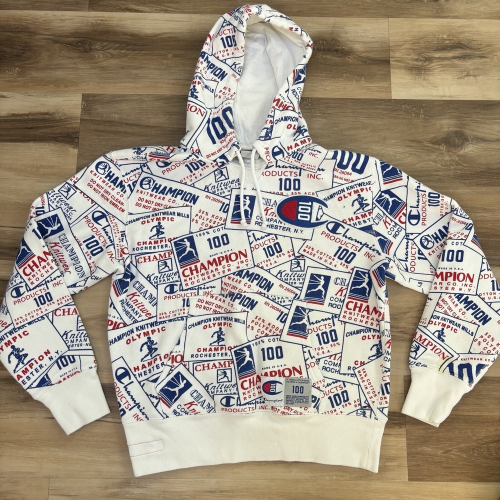 Champion Hoodie Size Medium 100 Year Anniversary All Over Print Cotton White